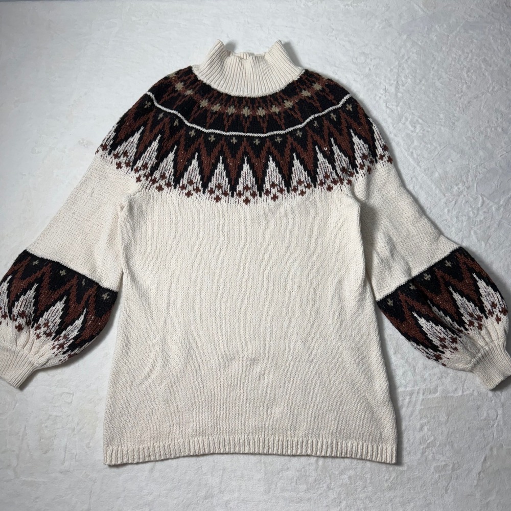 Free People Scotland Mock Neck Fair Isle Sweater Mini Dress Sz S Balloon Sleeve